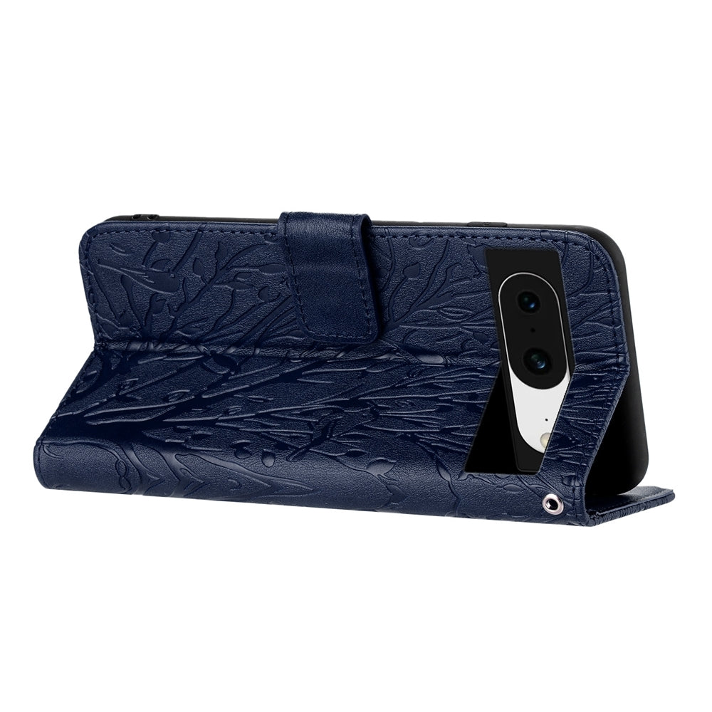Google Pixel 8 Embossed Leather Phone Case with Tree Birds Pattern, Hand Strap, Card Holder & Adjustable Stand - Shockproof Wallet Cover
