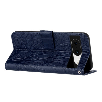 Google Pixel 8 Embossed Leather Phone Case with Tree Birds Pattern, Hand Strap, Card Holder & Adjustable Stand - Shockproof Wallet Cover