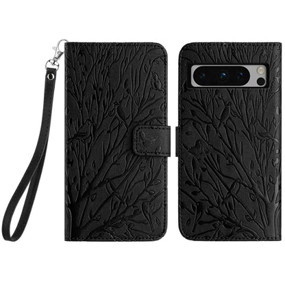 Google Pixel 8 Pro Embossed Leather Phone Case with Tree Birds Pattern, Hand Strap, Card Holder & Adjustable Stand - Shockproof Wallet Cover