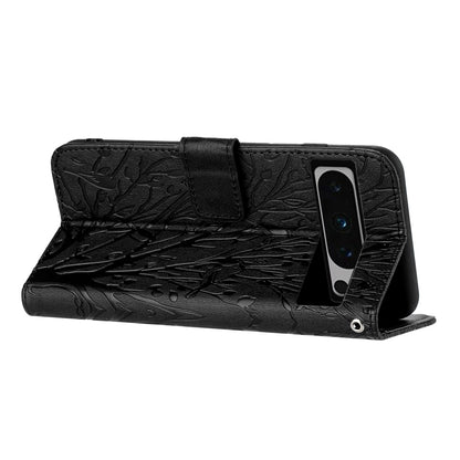 Google Pixel 8 Pro Embossed Leather Phone Case with Tree Birds Pattern, Hand Strap, Card Holder & Adjustable Stand - Shockproof Wallet Cover