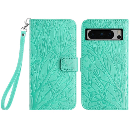 Google Pixel 8 Pro Embossed Leather Phone Case with Tree Birds Pattern, Hand Strap, Card Holder & Adjustable Stand - Shockproof Wallet Cover