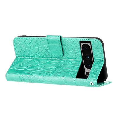 Google Pixel 8 Pro Embossed Leather Phone Case with Tree Birds Pattern, Hand Strap, Card Holder & Adjustable Stand - Shockproof Wallet Cover