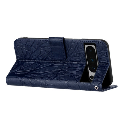 Google Pixel 8 Pro Embossed Leather Phone Case with Tree Birds Pattern, Hand Strap, Card Holder & Adjustable Stand - Shockproof Wallet Cover
