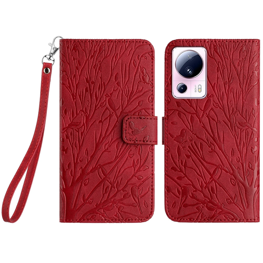 Xiaomi 13 Lite Embossed Leather Phone Case with Tree Birds Pattern, Hand Strap, Card Holder & Adjustable Stand - Shockproof Wallet Cover