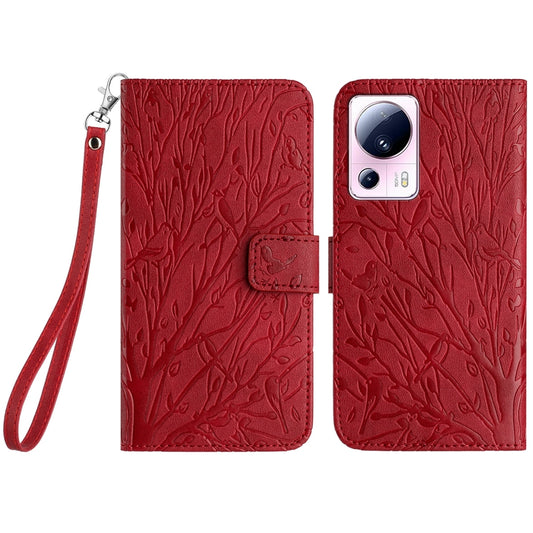 Xiaomi 13 Lite Embossed Leather Phone Case with Tree Birds Pattern, Hand Strap, Card Holder & Adjustable Stand - Shockproof Wallet Cover