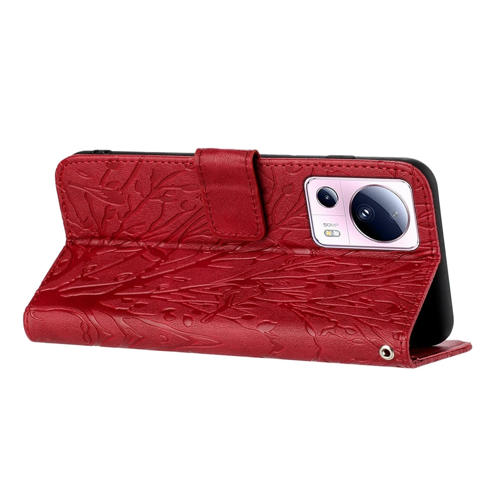 Xiaomi 13 Lite Embossed Leather Phone Case with Tree Birds Pattern, Hand Strap, Card Holder & Adjustable Stand - Shockproof Wallet Cover