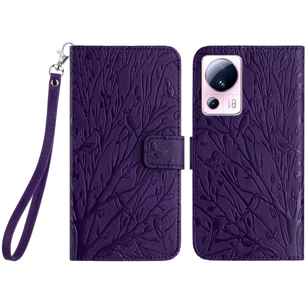 Xiaomi 13 Lite Embossed Leather Phone Case with Tree Birds Pattern, Hand Strap, Card Holder & Adjustable Stand - Shockproof Wallet Cover