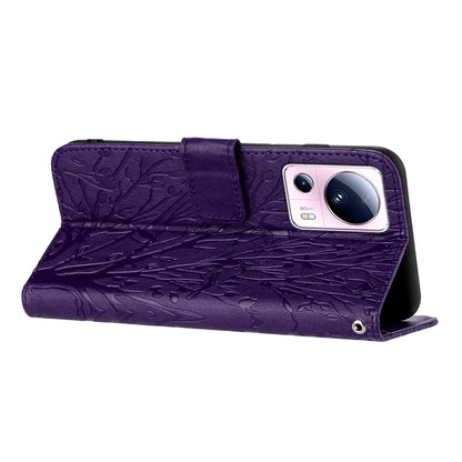 Xiaomi 13 Lite Embossed Leather Phone Case with Tree Birds Pattern, Hand Strap, Card Holder & Adjustable Stand - Shockproof Wallet Cover