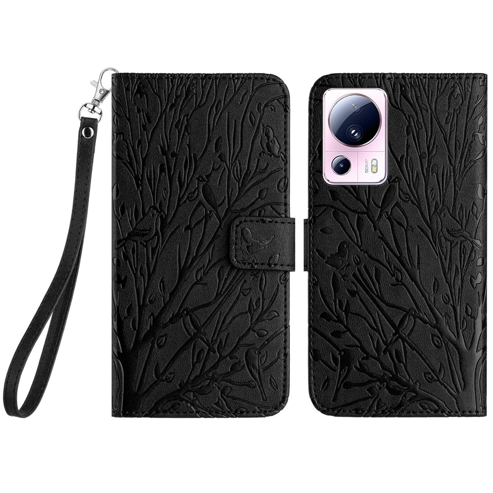 Xiaomi 13 Lite Embossed Leather Phone Case with Tree Birds Pattern, Hand Strap, Card Holder & Adjustable Stand - Shockproof Wallet Cover
