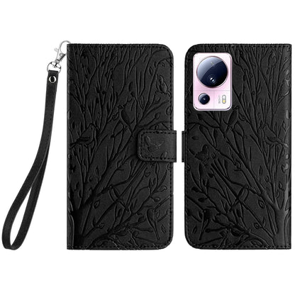 Xiaomi 13 Lite Embossed Leather Phone Case with Tree Birds Pattern, Hand Strap, Card Holder & Adjustable Stand - Shockproof Wallet Cover