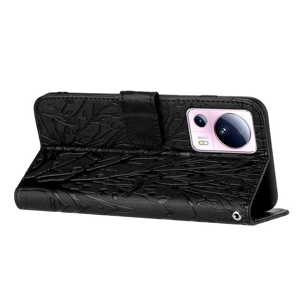 Xiaomi 13 Lite Embossed Leather Phone Case with Tree Birds Pattern, Hand Strap, Card Holder & Adjustable Stand - Shockproof Wallet Cover