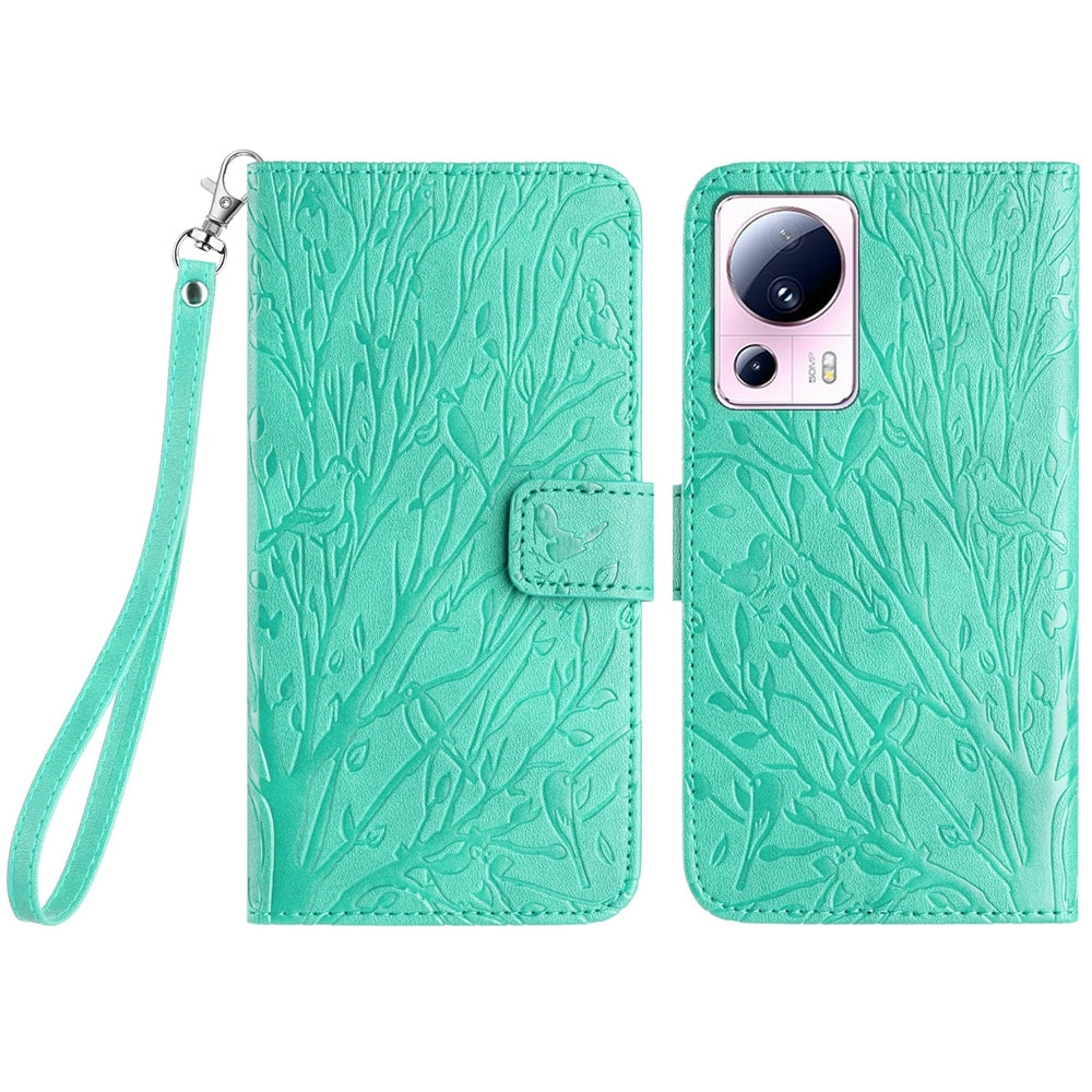 Xiaomi 13 Lite Embossed Leather Phone Case with Tree Birds Pattern, Hand Strap, Card Holder & Adjustable Stand - Shockproof Wallet Cover