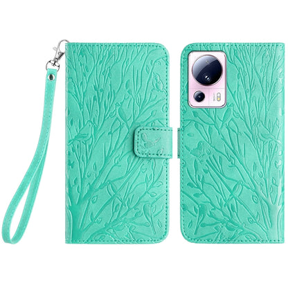 Xiaomi 13 Lite Embossed Leather Phone Case with Tree Birds Pattern, Hand Strap, Card Holder & Adjustable Stand - Shockproof Wallet Cover