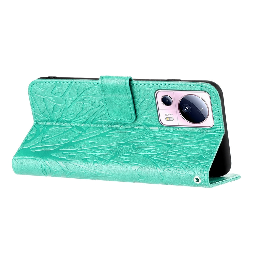 Xiaomi 13 Lite Embossed Leather Phone Case with Tree Birds Pattern, Hand Strap, Card Holder & Adjustable Stand - Shockproof Wallet Cover