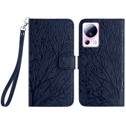 Xiaomi 13 Lite Embossed Leather Phone Case with Tree Birds Pattern, Hand Strap, Card Holder & Adjustable Stand - Shockproof Wallet Cover