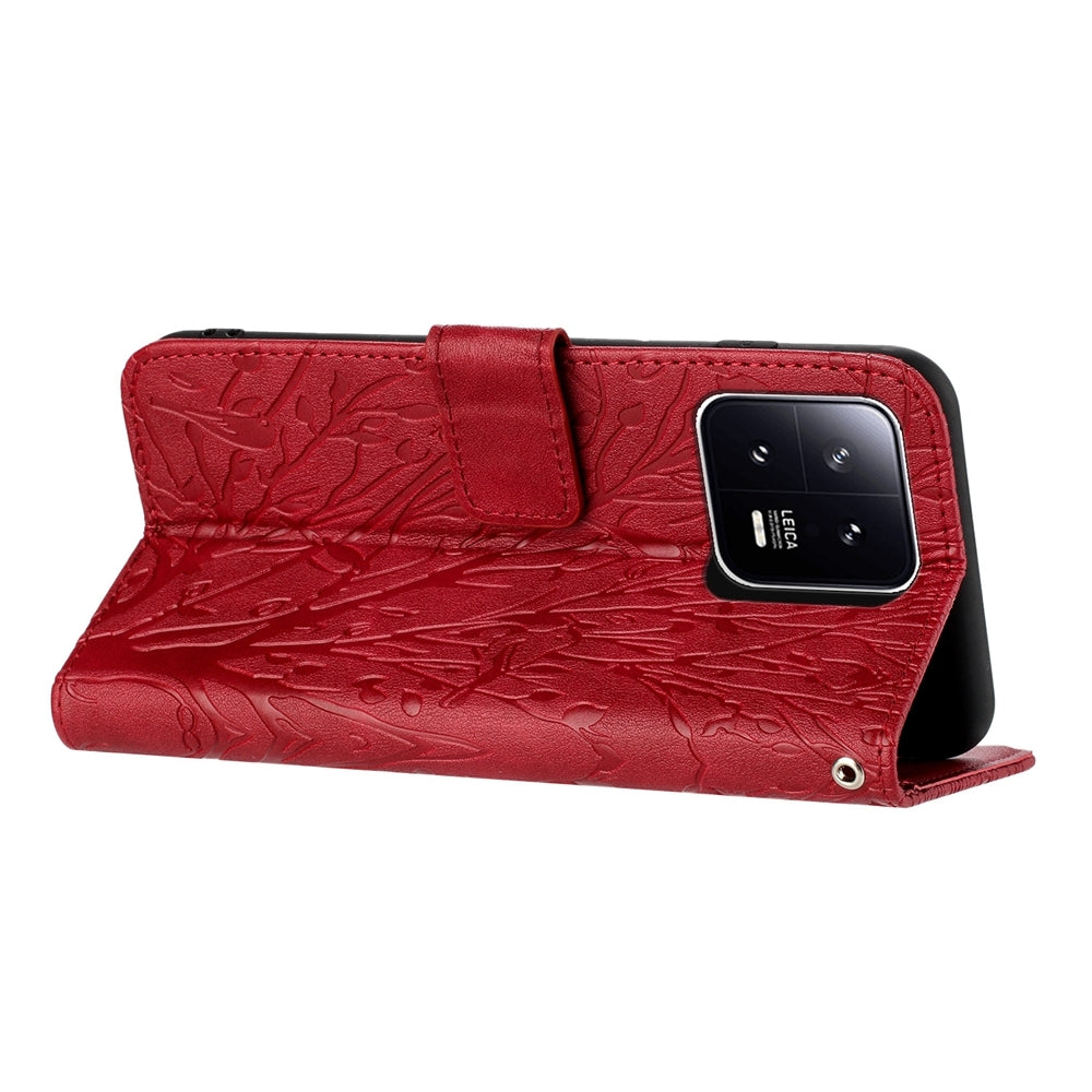 Xiaomi 13 Pro Embossed Leather Phone Case with Tree Birds Pattern, Hand Strap, Card Holder & Adjustable Stand - Shockproof Wallet Cover