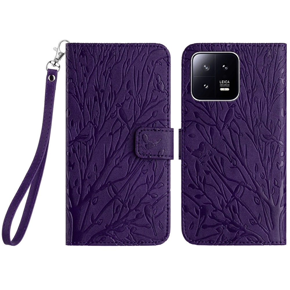 Xiaomi 13 Pro Embossed Leather Phone Case with Tree Birds Pattern, Hand Strap, Card Holder & Adjustable Stand - Shockproof Wallet Cover