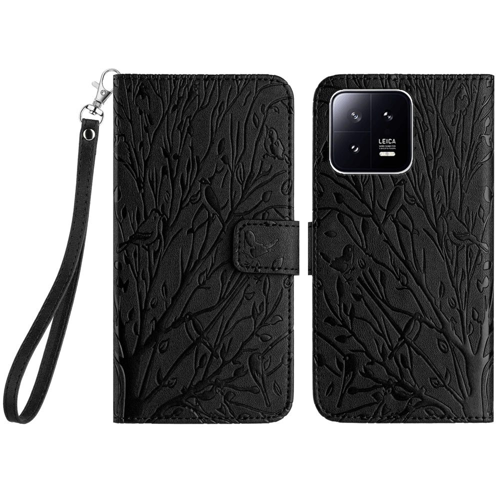 Xiaomi 13 Pro Embossed Leather Phone Case with Tree Birds Pattern, Hand Strap, Card Holder & Adjustable Stand - Shockproof Wallet Cover