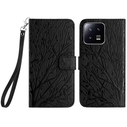 Xiaomi 13 Pro Embossed Leather Phone Case with Tree Birds Pattern, Hand Strap, Card Holder & Adjustable Stand - Shockproof Wallet Cover