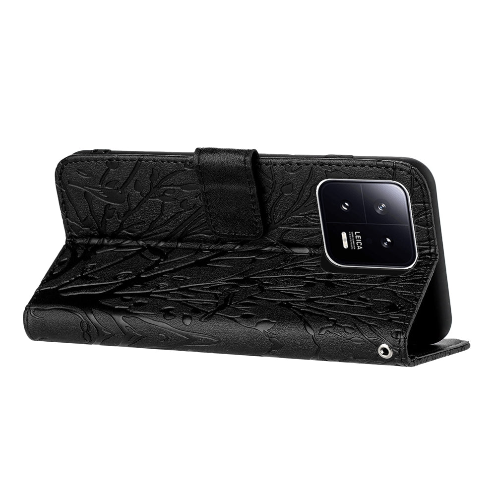 Xiaomi 13 Pro Embossed Leather Phone Case with Tree Birds Pattern, Hand Strap, Card Holder & Adjustable Stand - Shockproof Wallet Cover