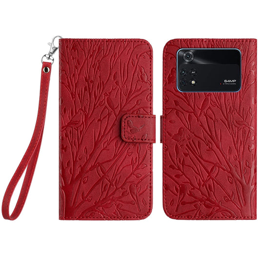 Xiaomi Poco M4 Pro 4G Embossed Leather Phone Case with Tree Birds Pattern, Hand Strap, Card Holder & Adjustable Stand - Shockproof Wallet Cover