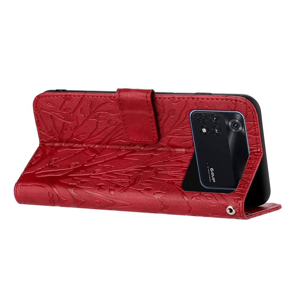 Xiaomi Poco M4 Pro 4G Embossed Leather Phone Case with Tree Birds Pattern, Hand Strap, Card Holder & Adjustable Stand - Shockproof Wallet Cover