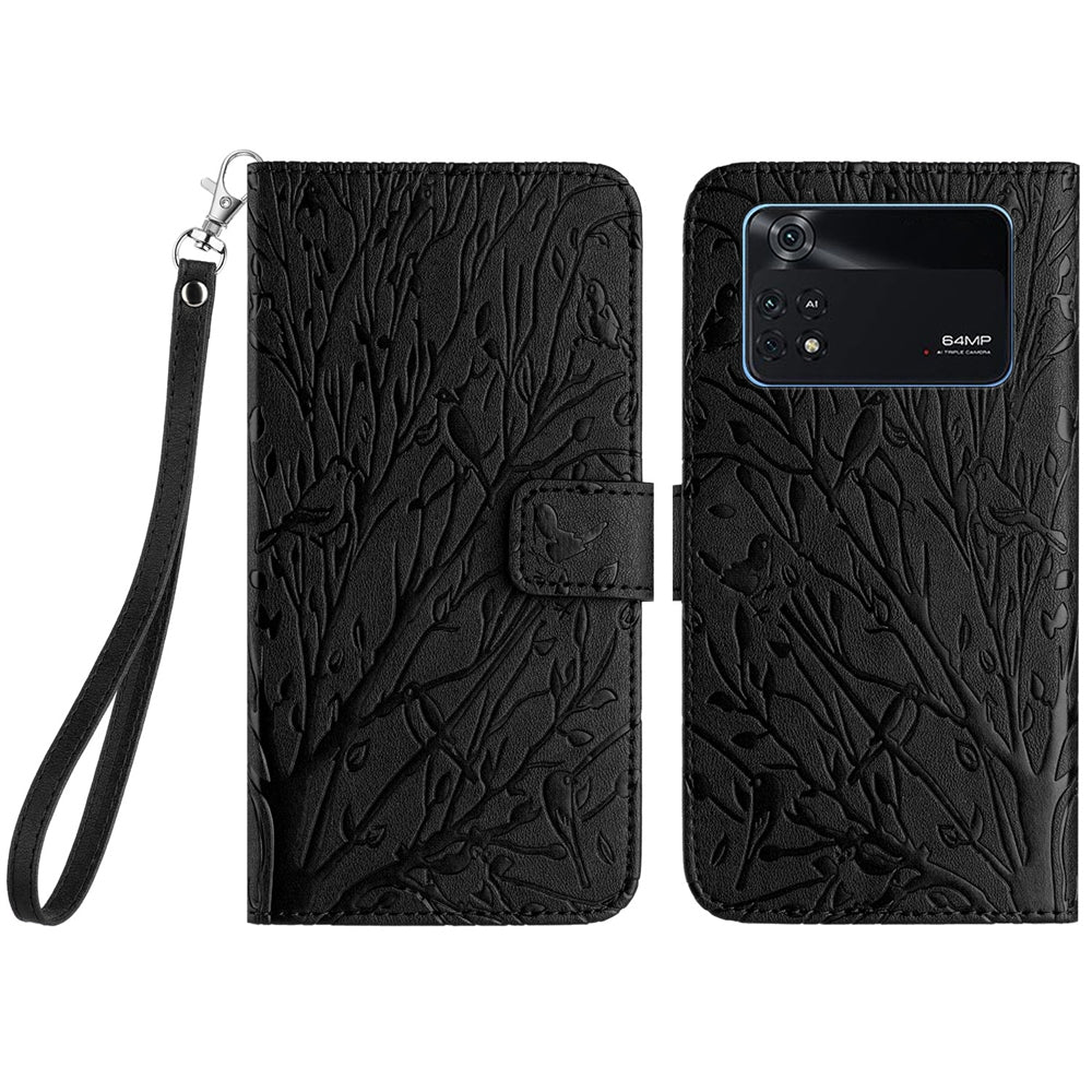 Xiaomi Poco M4 Pro 4G Embossed Leather Phone Case with Tree Birds Pattern, Hand Strap, Card Holder & Adjustable Stand - Shockproof Wallet Cover