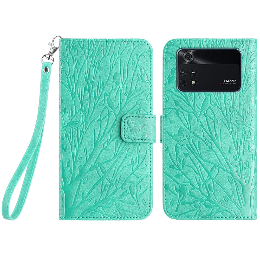 Xiaomi Poco M4 Pro 4G Embossed Leather Phone Case with Tree Birds Pattern, Hand Strap, Card Holder & Adjustable Stand - Shockproof Wallet Cover