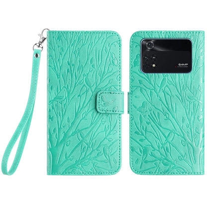 Xiaomi Poco M4 Pro 4G Embossed Leather Phone Case with Tree Birds Pattern, Hand Strap, Card Holder & Adjustable Stand - Shockproof Wallet Cover