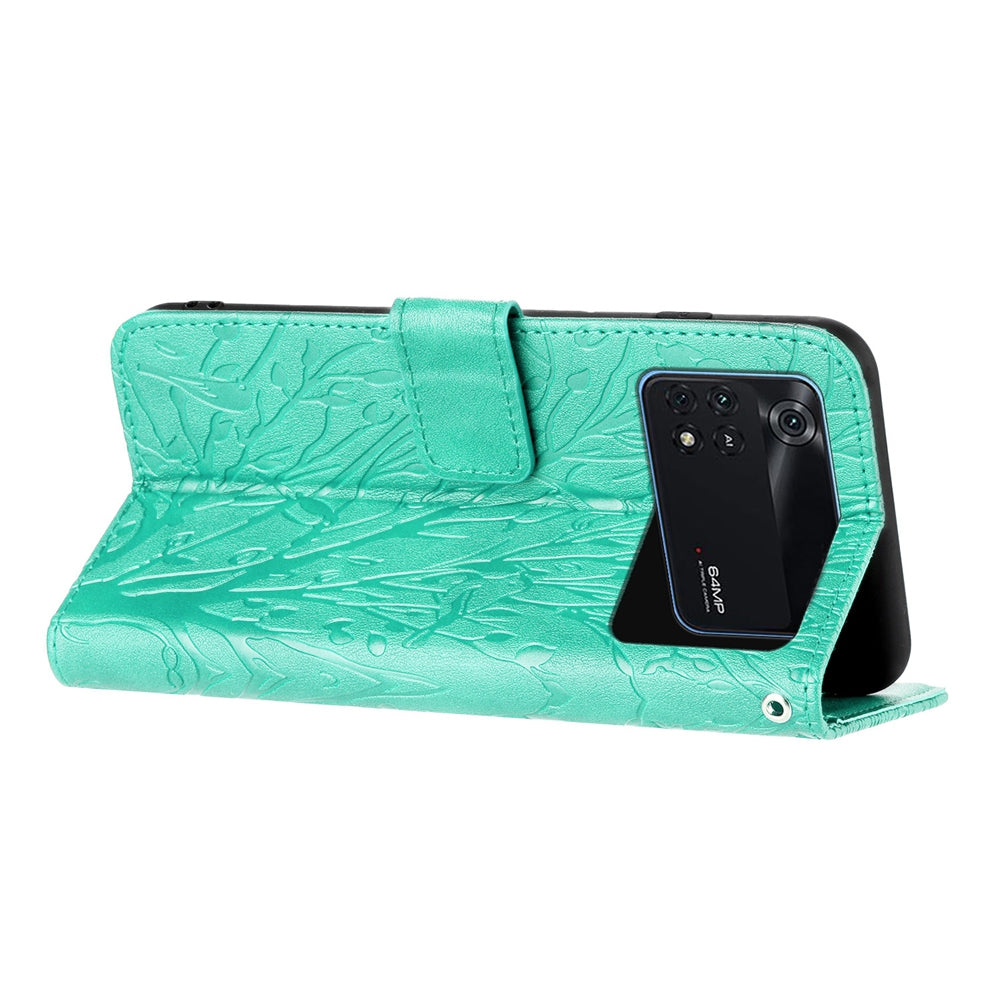 Xiaomi Poco M4 Pro 4G Embossed Leather Phone Case with Tree Birds Pattern, Hand Strap, Card Holder & Adjustable Stand - Shockproof Wallet Cover