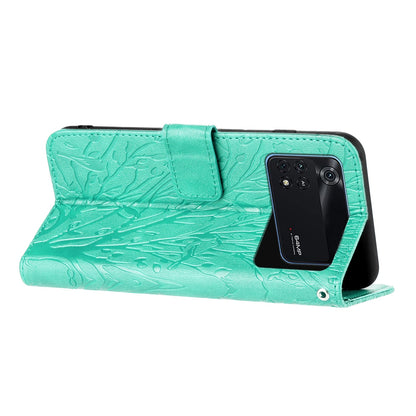 Xiaomi Poco M4 Pro 4G Embossed Leather Phone Case with Tree Birds Pattern, Hand Strap, Card Holder & Adjustable Stand - Shockproof Wallet Cover