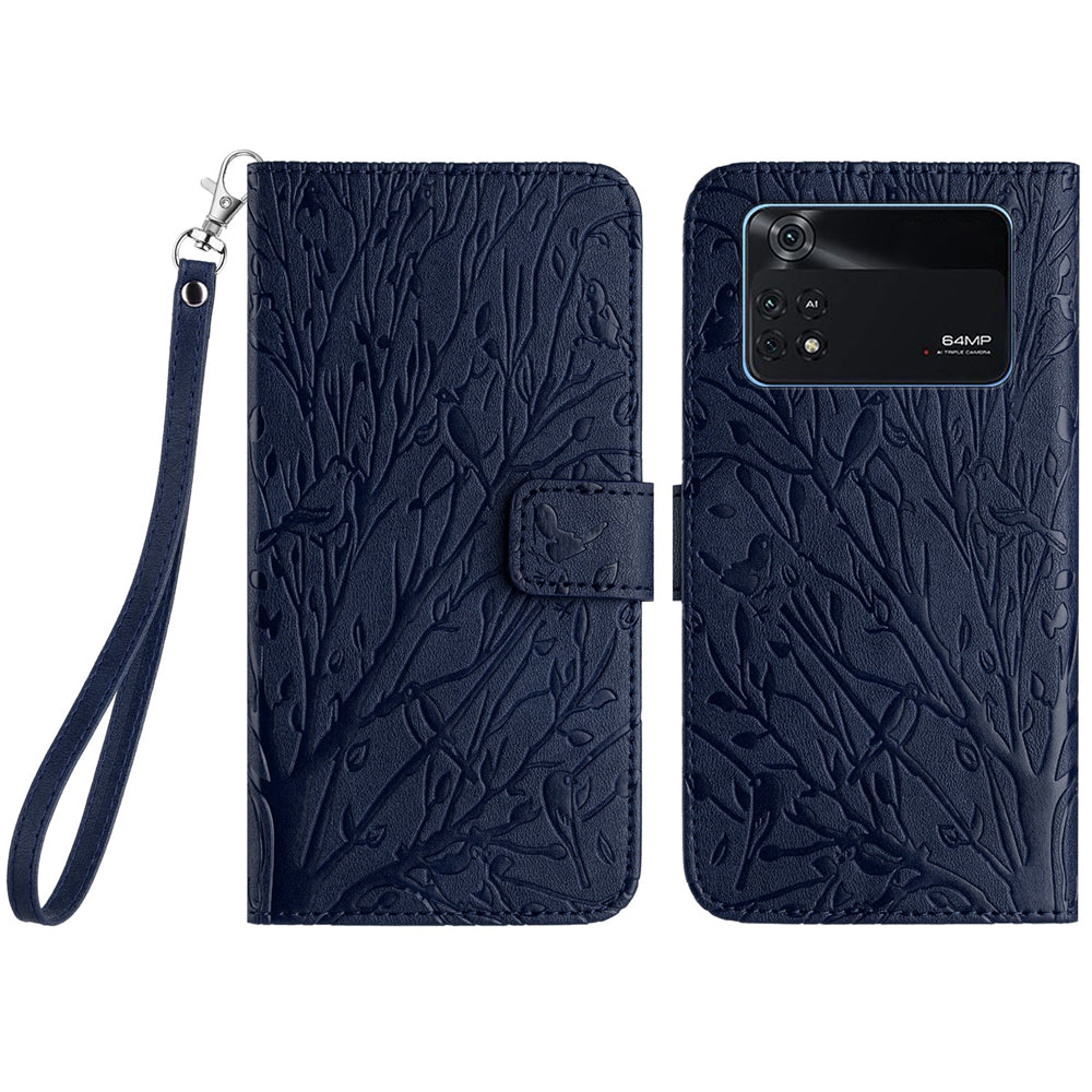 Xiaomi Poco M4 Pro 4G Embossed Leather Phone Case with Tree Birds Pattern, Hand Strap, Card Holder & Adjustable Stand - Shockproof Wallet Cover