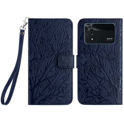 Xiaomi Poco M4 Pro 4G Embossed Leather Phone Case with Tree Birds Pattern, Hand Strap, Card Holder & Adjustable Stand - Shockproof Wallet Cover