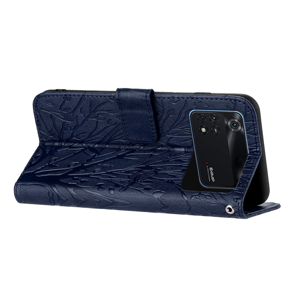 Xiaomi Poco M4 Pro 4G Embossed Leather Phone Case with Tree Birds Pattern, Hand Strap, Card Holder & Adjustable Stand - Shockproof Wallet Cover