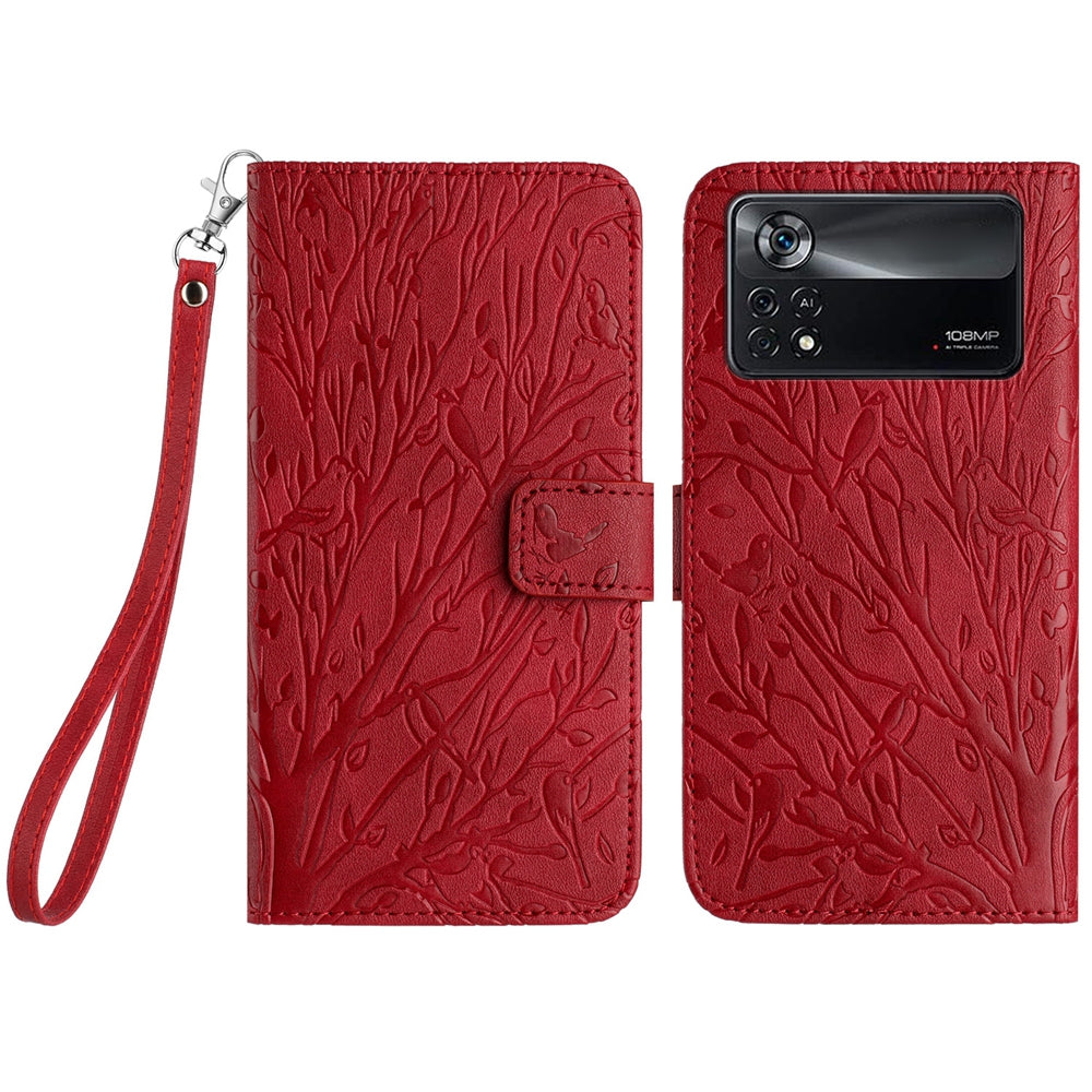 Xiaomi Poco X4 Pro 5G Embossed Leather Phone Case with Tree Birds Pattern, Hand Strap, Card Holder & Adjustable Stand - Shockproof Wallet Cover