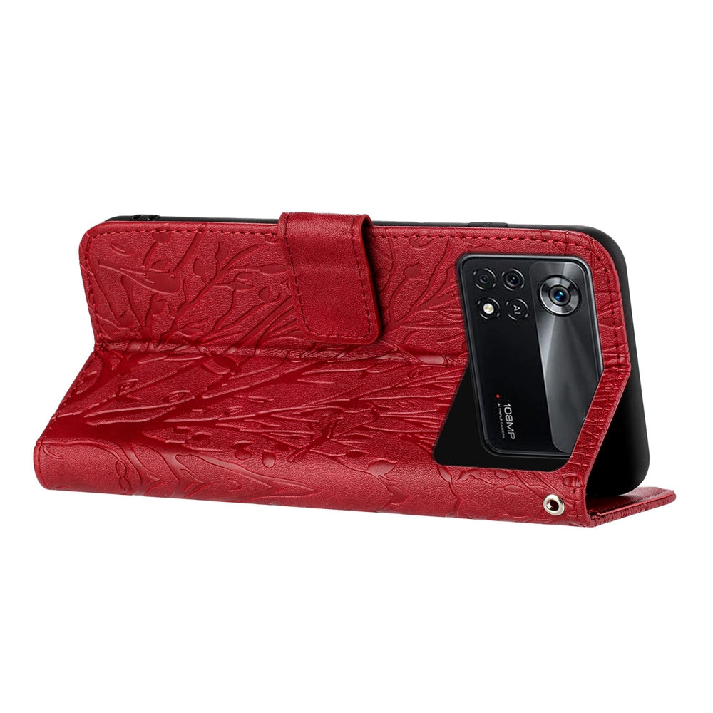 Xiaomi Poco X4 Pro 5G Embossed Leather Phone Case with Tree Birds Pattern, Hand Strap, Card Holder & Adjustable Stand - Shockproof Wallet Cover