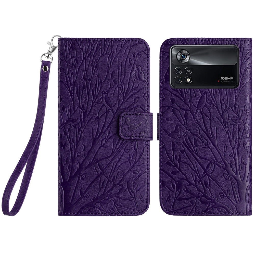 Xiaomi Poco X4 Pro 5G Embossed Leather Phone Case with Tree Birds Pattern, Hand Strap, Card Holder & Adjustable Stand - Shockproof Wallet Cover