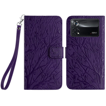 Xiaomi Poco X4 Pro 5G Embossed Leather Phone Case with Tree Birds Pattern, Hand Strap, Card Holder & Adjustable Stand - Shockproof Wallet Cover