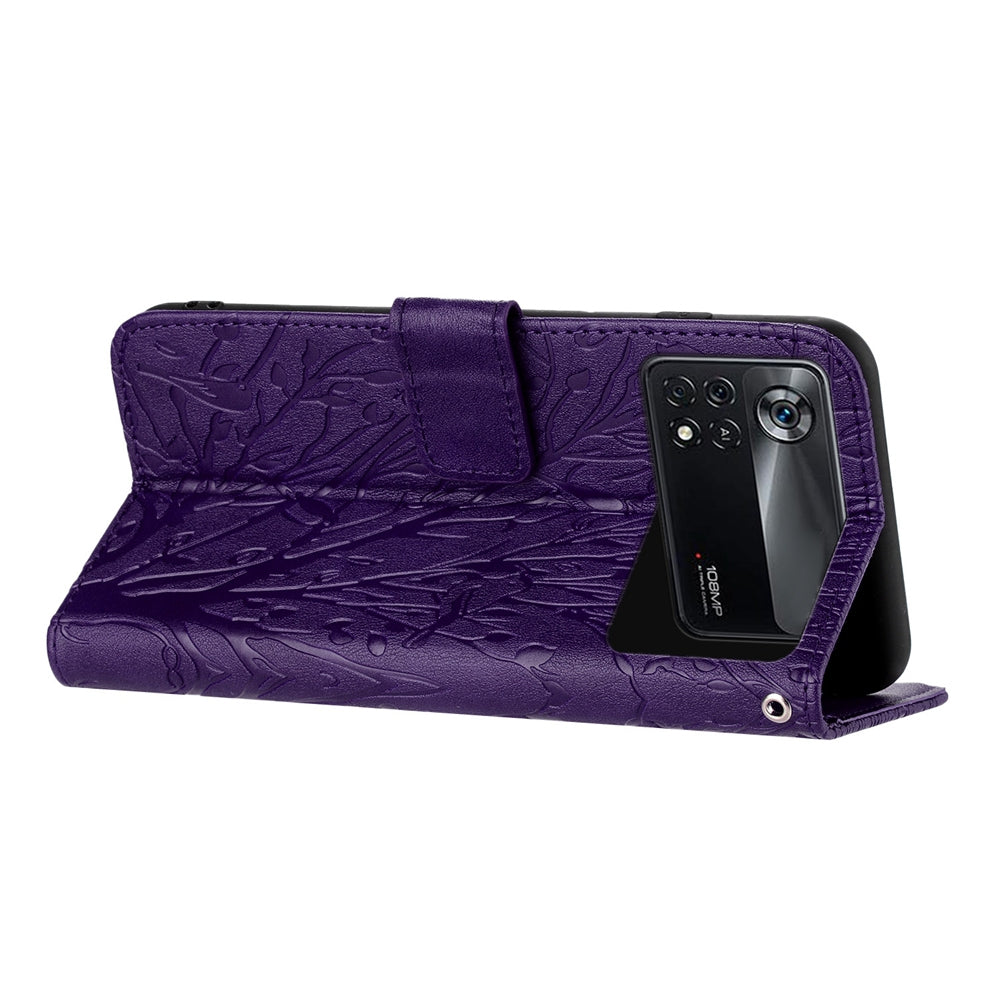 Xiaomi Poco X4 Pro 5G Embossed Leather Phone Case with Tree Birds Pattern, Hand Strap, Card Holder & Adjustable Stand - Shockproof Wallet Cover