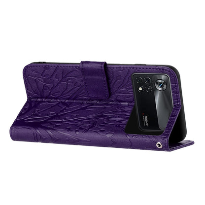 Xiaomi Poco X4 Pro 5G Embossed Leather Phone Case with Tree Birds Pattern, Hand Strap, Card Holder & Adjustable Stand - Shockproof Wallet Cover