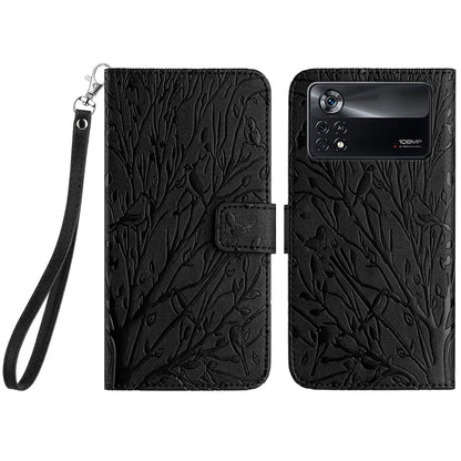Xiaomi Poco X4 Pro 5G Embossed Leather Phone Case with Tree Birds Pattern, Hand Strap, Card Holder & Adjustable Stand - Shockproof Wallet Cover