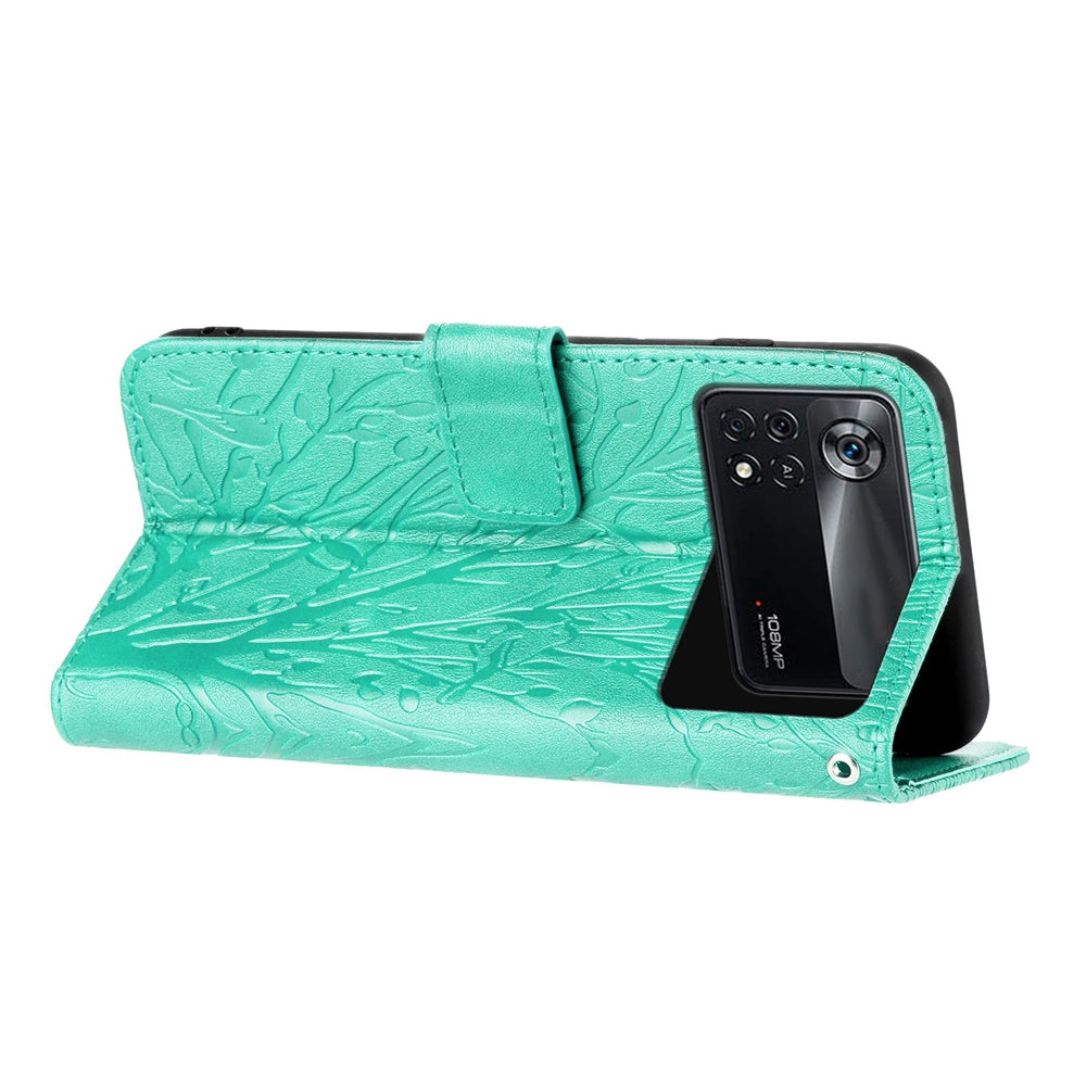 Xiaomi Poco X4 Pro 5G Embossed Leather Phone Case with Tree Birds Pattern, Hand Strap, Card Holder & Adjustable Stand - Shockproof Wallet Cover