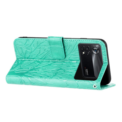 Xiaomi Poco X4 Pro 5G Embossed Leather Phone Case with Tree Birds Pattern, Hand Strap, Card Holder & Adjustable Stand - Shockproof Wallet Cover