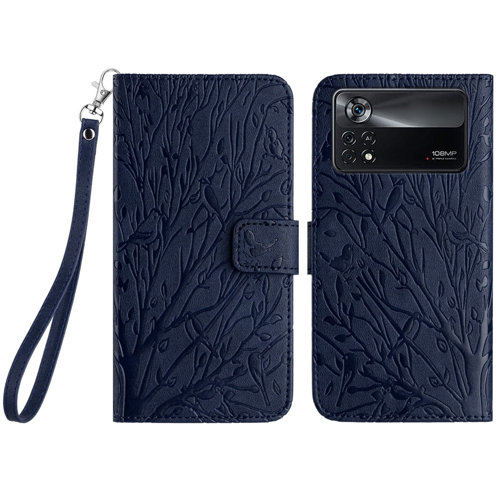 Xiaomi Poco X4 Pro 5G Embossed Leather Phone Case with Tree Birds Pattern, Hand Strap, Card Holder & Adjustable Stand - Shockproof Wallet Cover