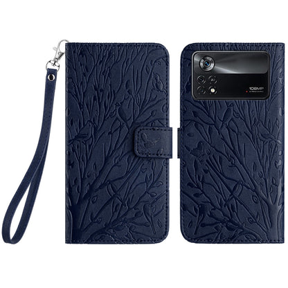 Xiaomi Poco X4 Pro 5G Embossed Leather Phone Case with Tree Birds Pattern, Hand Strap, Card Holder & Adjustable Stand - Shockproof Wallet Cover