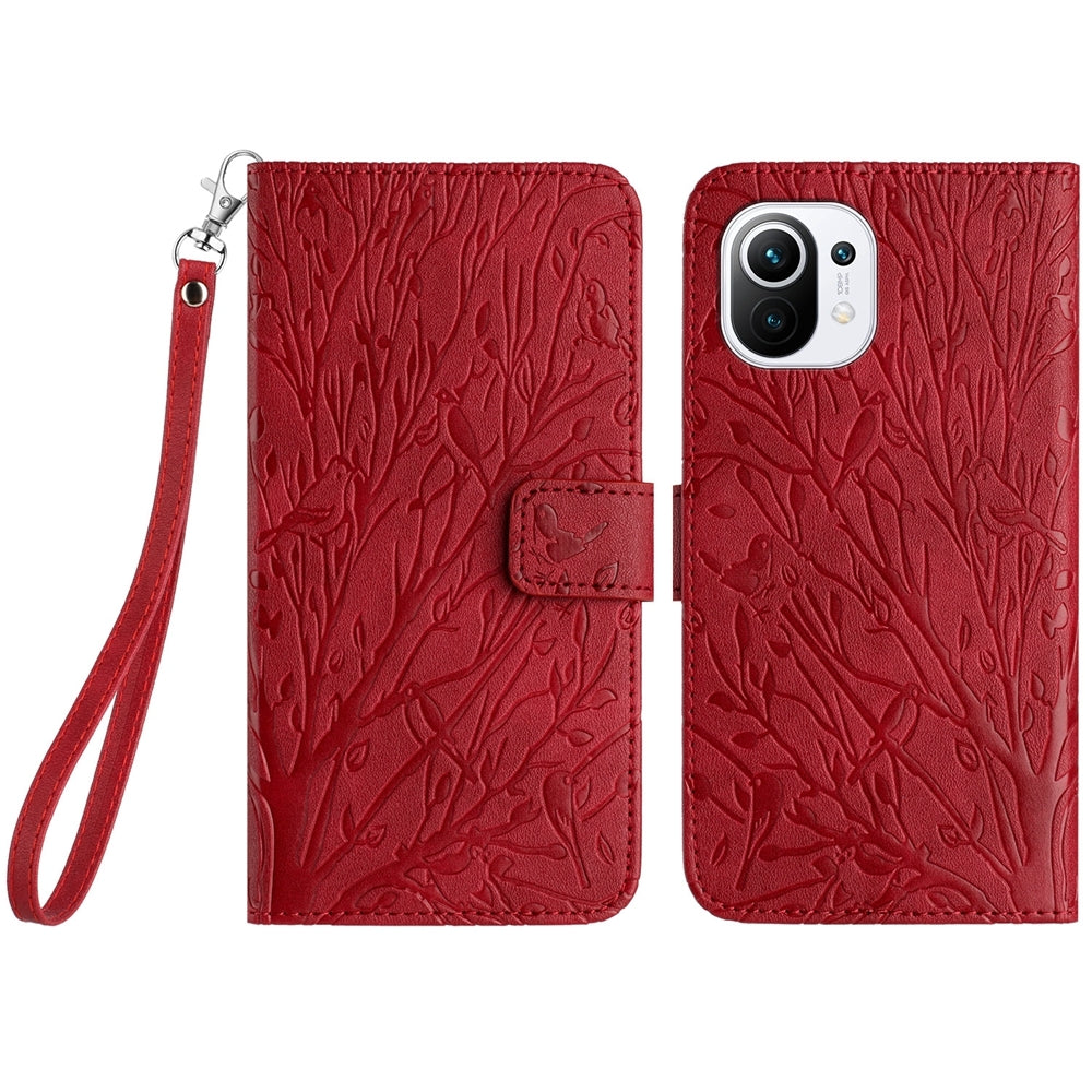 For Xiaomi 11 Lite Embossed Leather Phone Case with Tree Birds Pattern, Hand Strap, Card Holder & Adjustable Stand - Shockproof Wallet Cover