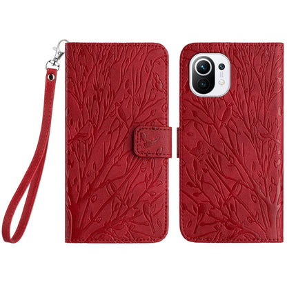 For Xiaomi 11 Lite Embossed Leather Phone Case with Tree Birds Pattern, Hand Strap, Card Holder & Adjustable Stand - Shockproof Wallet Cover