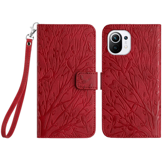 For Xiaomi 11 Lite Embossed Leather Phone Case with Tree Birds Pattern, Hand Strap, Card Holder & Adjustable Stand - Shockproof Wallet Cover