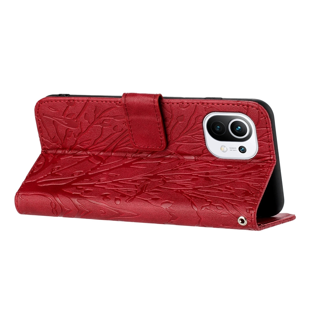 For Xiaomi 11 Lite Embossed Leather Phone Case with Tree Birds Pattern, Hand Strap, Card Holder & Adjustable Stand - Shockproof Wallet Cover