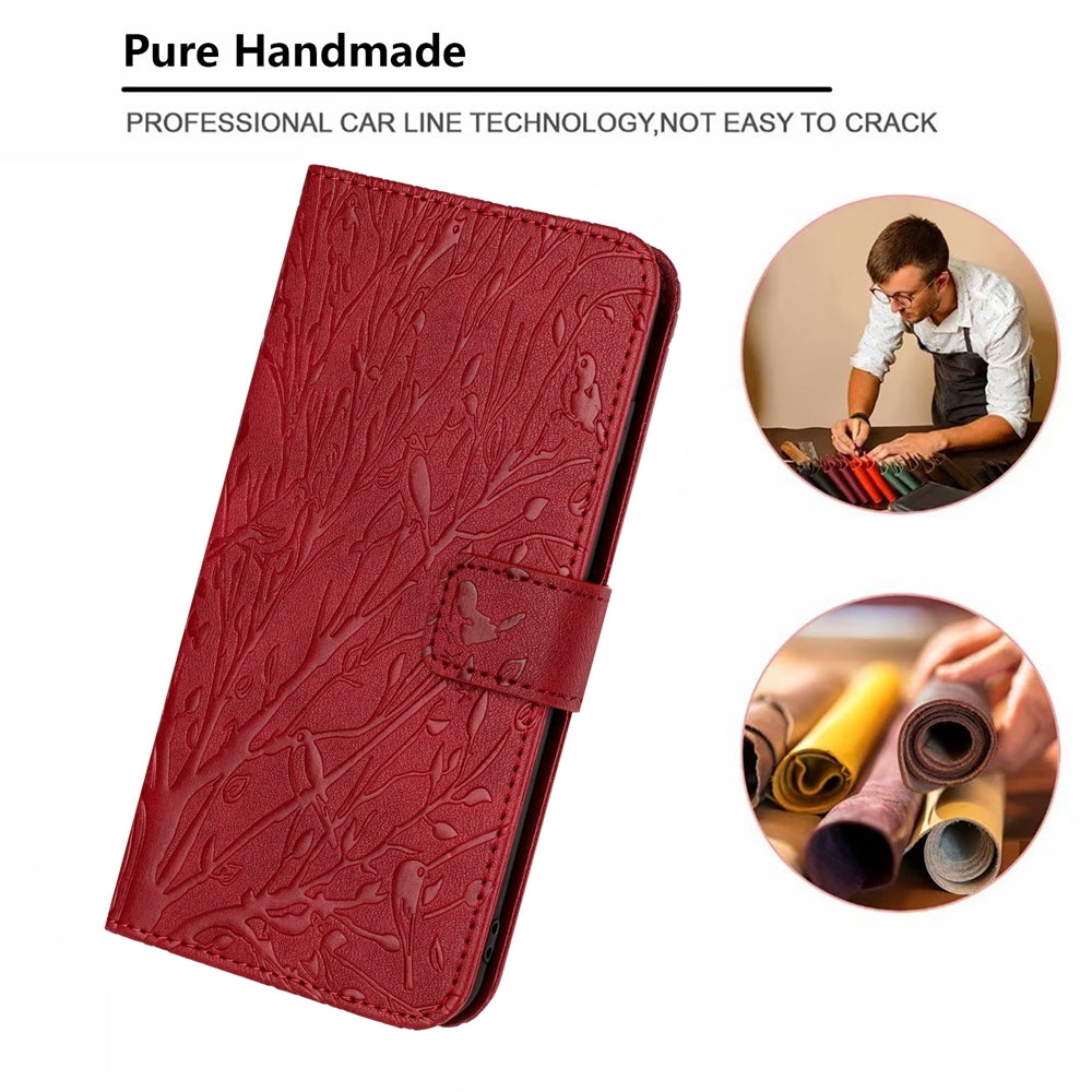 For Xiaomi 11 Lite Embossed Leather Phone Case with Tree Birds Pattern, Hand Strap, Card Holder & Adjustable Stand - Shockproof Wallet Cover